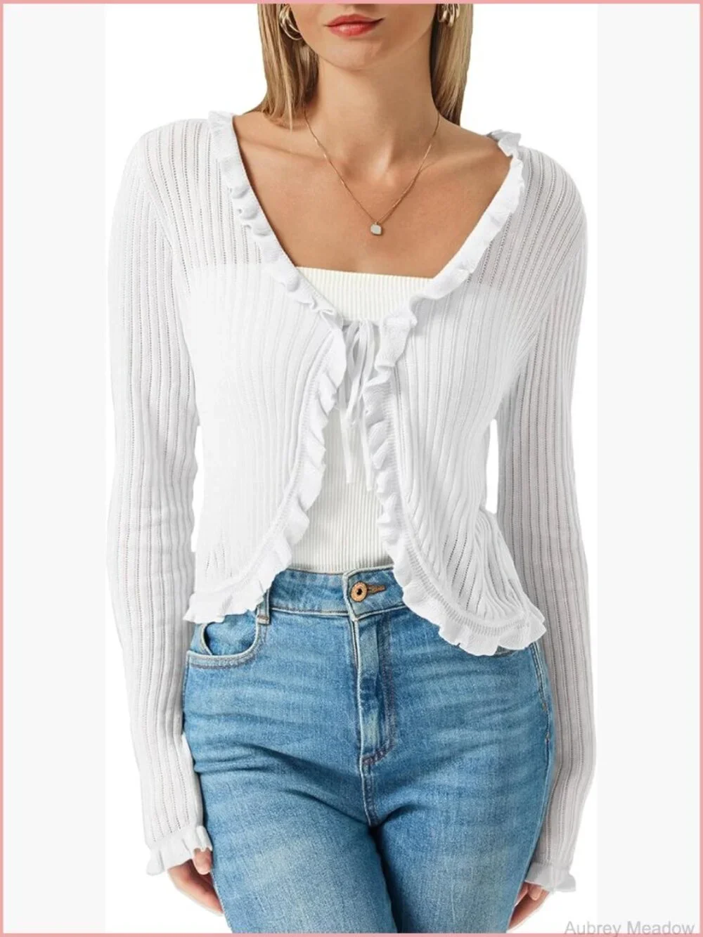 Sheer Lightweight Cardigan Long Sleeve Tie Front Cropped Bolero Shrug Ruffle